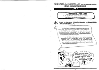 ANTERIORIDADE DA LEI
Art. 1 - Não há crime sem lei anterior que o defina.
Não há pena sem prévia cominação legal.
0

J:t>

EXEMPLO CLÁSSICO DO PRINcíPIO DA RESERVA LEGAL
E DA ANTERIORIDADE:

o

Código Penal vigente hoje no Brasil entrou em vigor em
1942: Antes dele, vigorava o CP de 1890. O crime definido no
primitivo Art. 281 do CP de 1890, era o comércio clandestino ou
facilitação de uso de entorpecente. O CP não punia o fato de o
sujeito trazer consigo, para uso próprio, substãncia entorpecente
ou que determine dependência psíquica.
Até 26.12 de 1968 não era crime portar substância
entorpecente. Com o Decreto-lei n' 385/68, o fato passou a ser
criminoso. Dizia o Art. l' parágrafo 1', 111, do referido decreto:
"Nas mesmas penas incorre quem ilegalmente(...) traz consigo,
para uso próprio, substãncia entorpecente ou que determine
dependência fisica ou psíquica."

QUER DizER QUé) ANTE5
00 OOJlETO-IEi 385/6B E/IITRFlR.

EM viOOR.) O sujEiTo PODiA
POFlTAR SU~NciA

0a

ENTORPECENTe c;P {fT
~
o c.

•
•
«

o

Iil

~

 