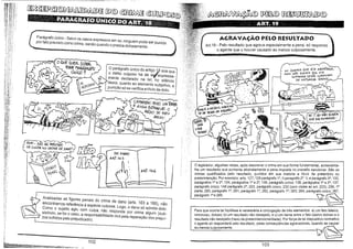 i~~~~GW@~V~

..

· .... ,~~,Clt0 único - Salvo Os casos expressos em lei, ninguém pode ser punido
por fato previsto como crime, senão quando o pratica dolosamente.

o QUE QIJCR. Di 2m
cSlSE" PA!'lÁ(Ô~ro

ÚNico '?

AGRAVAÇÃO PHO RESULTADO
Art.19 - Pelo resultado que agrava especialmente a pena, só responde
o agente que o houver causado ao menos culposamente.

*".

o parágrafo único do artigo JJ3 soa que

EU QUERiA QUE é/A ABORTASSE,
mAS. NAO QUeRiA QUE' e:IA

o delito culposo há de Sf#'expressa_
mente declarado na lei; no silêncio
desta, quanto ao eiemento subjetivo, a
punição só se verifica a titulo de dolo.

soFR.ESSE je-sÃÕ CORPORAL
DE" IVATuRéZ.fl, GP.AVb~

CAfW<1SA! lêUEi UM7ãtJOO

e AíNbA li.sTRi';;;Uéi O
PÁDlo 00 MEU
Á'V1,'GO '.

~
~-=..~ .....- -

~o"' ... NAo!IÁ f"I/iuí5lO ..
DE cuLPA "'0 CRílló DE DANO',
~

OODIWO
"'lI.

I.,

o

A"T. j6~

legislador, algumas vezes, após descrever o crime em sua forma fundamental, acrescentalhe um resultado que aumenta abstratamente a pena imposta no preceito sancionar. São os
crimes qualificados pelo resultado, punidos em sua maioria a titulo de preterdolo ou
preterintenção. Por exemplo: arts. 127; 129 parágrafo 1°, II paragráfo 2°, V, e parágrafo 3°; 133,
parágrafos 1° e 2°; 134, parágrafos 1° e 2°; 135, parágrafo único; 136, parágrafos 1° e 2°; 137,
parágrafo único; 148 parágrafo 2°; 223, parágrafo único; 232 (com vistas ao art. 223); 258,1 8
parte; 260, parágrafo 1°, 261, parágrafo 1°, 262, parágrafo 1°; 263; 264, parágrafo único; 267,

~'

paragraf01'e285.

-.. J

)

Analisadas as figuras penais do crime de dano (arts. 163 a 166), não
encontramos referência a espécie culposa. Logo, o dano só admite dolo.
Como o sujeito agiu com culpa, não responde por crime algum (subsistindo, se for o caso, a responsabilidade civil pela reparação dos prejufzos sofridos pelo prejudicado).

"'Slc
Para que ocorra tal hipótese é necessária a conjugação de três elementos: a) um fato básico,
criminoso, doloso; b) um resultado não desejado; e c) um liame entre o fato básico doloso e o
resultado não desejado (nexo de preterintencionalidade). Por força de tal dispositivo normativo
o agente só responderá pelo resultado, pelas conseqüências agravadoras, quando as causar
ao menos culposamente.
~
O~ci

'NA

i

102

L.,.
'._...-

-- -

s,._

~=--~--""-.,.~

._

103

 
