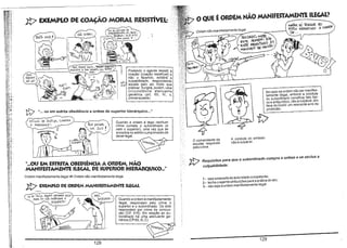 P

o QUE ÉORDEM NÃO MANIFESTAMENlt ILEGAL?

EXEMPLO DE COAÇÃO MORAL RESmmVEl:

~
NAO

QVEffO!

1rF~~';l:~~f'l~"~:,~;
~
I,~

'-V'

~I~

~

V

ú

I

eM ARMA E" ...

~;;.--- MIl1€~
5cL~)

_

roem nGU llldllllt::::><;llll

o

o' nO "0"0"

--N~II.
~

1

eSTou SÓ 1bRG;lJé 6lJ ORW'1
RESISTiNbO A

es~" HoMoM  e; 16
Ei!ffÁ FES1~1iNDO AO

~

~ANDADO

{

f'l<ísAO '.

----

"De;

Podendo o agente resistir à
coação (coação resistível) e

não o fazendo, existirá a
culpabilidade, respondendo

aquele pelo ato ilícito que
praticar. Surgirá, porém, uma
circunstância atenuante

No caso da ordem não ser manifestamente ilegal, embora a conduta
do subordinado constitua fato típico e antijurídico, não é culpável, em
face de incidir um relevante errO de

genérica (art. 65, IH,c,
primeira parte)

proibi cão.

~ " ... ou em estrita obediência a ordem de superior hierárquico... "

~
OFÚ..l.AL DE [JusTiÇA, (,VMPRA

Quando a ordem é legal nenhum
crime comete o subordinado (e
nem o superior), uma vez que se
encontra no estrito cumprimentode
dever legal.

O MANDADO ~

t>
~

o comandante da
escolta responde
pelo crime.

"...OU EM ESTRITA OBEDIÊNCIA A ORDEM, NÃQ
MANIFESTAMENTE ILEGAL, DE SUPERIOR HIERARQUICO..."
Ordem manifestamente ilegal =f=. Ordem não manifestamente ilegal

.p EXEMPLO DE ORDEM MANifESTAMENTE ilEGAl.
VA!.Á~ ExilA AlGoN5 DÓLAA~ DELA),~--PARA 6l! NAO i/lsTAuRAR. o

iNQU~RiTo

p

A conduta do soldado
não é culpável.

Requisitos para que o subordinado cumpra a ordem e se exclua a
culpabilidade:
1 • seja emanada da autoridade competente;
2 ~ tenha o agente atribuições para a prática do ato;
3 ~ não seja a ordem manifestamente ilegal .

Quando a ordem é manifestamente
ilegal, respondem pelo crime o
superior e o subordinado. Os dois
respondem por crime de concussão (CP. 316). Em relação ao subordinado há uma atenuante genérica (CP65, 111, C)

}

I,


128

129

 