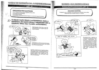 n

"i'
Im!f
"E

ll"f

'~É'~~~I
i~,lty:

fI1,1'

I'

;~i~~;i::

'

• ~Ilil

~;II~ I

f;f'~r!i:

Ili
illf

Art. 23 - Não há crime quando o agente pratica o fato:
I) em estado de necessidade;
lJ)em legítima defesa;
-r'

<:

1/1) em estrito cumprimento de dever legal ou no exercício regularde direito,

~

!~~~':

Hf;$;
~!1q'? l

,

1~ti'
ilf~!t '

nn':'"
!1f~,:;:,: '
~F'
;p,

~@

ilJl 1'10 .. ·

EXCESSO PUNÍVEl.

J

CONDUTA TIPI(A SaÁ TAMBÉM AN1"'JURíDICA
-=:::::

.".

Parágrafo único. O agente, em qualquer das hipóteses deste artigo,
responderá pelo excesso doloso ou culposo.

l1PICO E AN'rSJUmDICO. PARA A
2t> O (RIME É FATOILíciTO PENAL É NECESSÁRIO QUE A
EXISTÊNCIA DO

!HJ:

i~;'"

EXCLUSÃO DE ILICITUDE

.

VOU

~rNÃo

~
'-::-.:,

"fAqA ísso!
VO U l.#f bA~

'/---1

'I

I EU AV (SEI

,----<..
'

UMA

n-oRA oA !
I(

Matar alguém é fato típico, mas não
será antijurídicb se o agente agiu em
legítima defesa.

~~. ,j

J
j~r;:
.~.~~,:

,;l': "
2~~';
i~F"

VOU íe
"""---"" 

Mti7.4 f'? I,

-:

5!i AP/lOxl ME J
5rENAO vAi lEVAR
UMA P5bRADA

Iltl:
I~H1

11
l/i
,li

!'IéDRA ~U PfsoTEAR. vO~J C/',NALJIA!

IJÃÔ

A tipicidade é o indício da antijuridicidade,
que será excluída se houver uma causa
que elimine a sua ilicitude.

l-lil-!I! ElE /IIORRE1I!
MAS J7ÃMBÉM, OQuE

excesso.

EU POSS{l"fAZ<iR,
ElE QUERIA ME

Quando o sujeito age em legitima defesa
não haverá crime. A antijuridicidade é a
contradição entre uma conduta e o ordenamento jurídico. Se o sujeito agiu em
legítima defesa o fato será típico, mas
não será antijuridico.

roti~A ~

; ·1

1:

l

Excedendo-se o agente na
conduta de preservar o bem
juridlco, responderá por
ilícito penal se atuou dolosa
ou culposamente. O excesso pode ser doloso ou culposo (não intencional), Se agiu
com dolo (caso do exemplo)
responderá a título de dolo
pelo fato constitutivo do

130

131

 