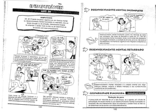 ......
~&~
j

INIMPUTÁVEIS
Art. 26. E isento de pena o agente que, por doença mental
Ou desenvolvimento mental incompleto ou retardado, era, ao
tempo da ação ou da omissão, inteiramente incapaz
de entender o caráter ilícito do fato ou de determinar-se
de acordo com esse entendimento.

-

1H.J.,'iNUOJ NÃo ffQU6
rSOIAt::O! lJE/JAA PARA

A"'IA úlNUõ1'ZA'"

COM A5 vjsiTAS~

.~

SOu ON!SILvÍOOJA'iNAbAPTA'60:!

sujeita a explosões de fúrias.

r---c,. f06.~ MA1}lP'1 P.OOeARj

EU SOU MBJoR DE
iS ANOS ...

~f;>

t:>
PSicoses funcionais: A esquisofrenia, em que são
COmuns os impulsos em que o sujeito agride e mata
pOr ser portador de mentalidade selvagem e primitiva,

DESENVOLVIMENTO MENTAL INCOMPLETO
~

6sTOPRAR.••

Desenvolvimento mental incompleto ocorre nos menores de idade
que, entretanto, são objeto de dispositivo parte (art. 27). Têm desenvolvimento mental incompleto, ainda, os silvícolas não adaptados
à civilização. Entretanto, a condição de silvícola, por si só, não exclui a
imputabilidade, mormente se o agente é indio integrado e adaptado ao
meio civilizado.

a

I

DESENVOLVIMENTO MENTAL RETARDADO

PSicosemanfaco-depressiva também é
uma forma de psicose funcional, em que
existe uma desorganização da sociabilidade e, eventualmente, da personalidade, provocando isolamento e COn~

dutas anti-~ociais.

'"

1;

PARe 1>13 PACiUEPAR, COM O HoMESI>1 DA ou7/lA

~

MéSA) MUl.#f:R-1.

,

MAs 1:0 NAO
E~OU

ç-

OLl-iANbo

lJilJGuÉM (I,!

~

~
AM

ASIQ

~~senvoIVimento mental

retardado é o estado mental dos oligofremcos (Idiotas, ImbecIs e debels mentais) e dos surdos-mudos
(conforme as circunstâncias l.

$

Outra forma de psicose funcional é a
paranóia que afeta o pensamento e sobretudo as relações com o mundo exterior, às
vezes associadas à síndrome paranóide.

São também doenças mentais a epilepsia, a

demência senil,

a psicose alcoólica

(embriaguez patológica ou alcoolismo crônico
que provoca acessos furiosos, atos de violência,
ataques convulsivos, etc. )..

144
145

I

 