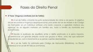 Fases do Direito Penal
 3ª Fase: Vingança Limitada (Lei de Talião)
 A Lei de Talião consistia na justa reciprocidade do crime e da pena. O objetivo
da Lei era evitar a vingança desproporcional, pois antes da Lei de Moisés e do Código
de Hamurabi, se um indivíduo sofresse uma lesão corporal, o agredido matava seu
agressor, ou se alguém matasse um familiar seu, toda a família do homicida era
exterminada.
 Devido à ausência de equilíbrio entre o delito praticado e a pena imposta,
acarretava-se um grande prejuízo social aos grupos e tribos, uma vez que estavam
aniquilando-se, com o banimento e as penas capitais desmedidas.
 A Lei de Talião foi adotada pelo Código de Hamurabi (Babilônia), no Êxodo
(hebreus) e na Lei de XII Tábuas (romanos).
 