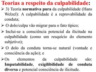 Teorias a respeito da culpabilidade:
 3) Teoria normativa pura da culpabilidade (Hans
Welzel): A culpabilidade é a reprovabilidade da
conduta;
 O dolo/culpa vão migrar para o fato típico;
 Inclui-se a consciência potencial da ilicitude na
culpabilidade (como um resquício do elemento
subjetivo);
 O dolo da conduta torna-se natural (vontade e
consciência da ação); e
Os elementos da culpabilidade são:
Imputabilidade, exigilibilidade de conduta
diversa e potencial consciência de ilicitude.
 