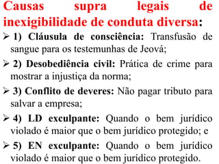 Causas supra legais de
inexigibilidade de conduta diversa:
 1) Cláusula de consciência: Transfusão de
sangue para os testemunhas de Jeová;
 2) Desobediência civil: Prática de crime para
mostrar a injustiça da norma;
 3) Conflito de deveres: Não pagar tributo para
salvar a empresa;
 4) LD exculpante: Quando o bem jurídico
violado é maior que o bem jurídico protegido; e
 5) EN exculpante: Quando o bem jurídico
violado é maior que o bem jurídico protegido.
 
