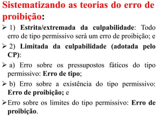 Sistematizando as teorias do erro de
proibição:
 1) Estrita/extremada da culpabilidade: Todo
erro de tipo permissivo será um erro de proibição; e
 2) Limitada da culpabilidade (adotada pelo
CP):
 a) Erro sobre os pressupostos fáticos do tipo
permissivo: Erro de tipo;
 b) Erro sobre a existência do tipo permissivo:
Erro de proibição; e
Erro sobre os limites do tipo permissivo: Erro de
proibição.
 