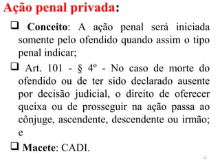 Ação penal privada:
 Conceito: A ação penal será iniciada
somente pelo ofendido quando assim o tipo
penal indicar;
 Art. 101 - § 4º - No caso de morte do
ofendido ou de ter sido declarado ausente
por decisão judicial, o direito de oferecer
queixa ou de prosseguir na ação passa ao
cônjuge, ascendente, descendente ou irmão;
e
 Macete: CADI.
12
 