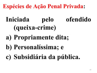Espécies de Ação Penal Privada:
Iniciada pelo ofendido
(queixa-crime)
a) Propriamente dita;
b) Personalíssima; e
c) Subsidiária da pública.
14
 