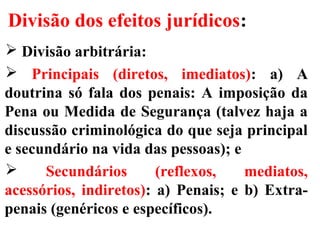 Divisão dos efeitos jurídicos:
 Divisão arbitrária:
 Principais (diretos, imediatos): a) A
doutrina só fala dos penais: A imposição da
Pena ou Medida de Segurança (talvez haja a
discussão criminológica do que seja principal
e secundário na vida das pessoas); e
 Secundários (reflexos, mediatos,
acessórios, indiretos): a) Penais; e b) Extra-
penais (genéricos e específicos).
 