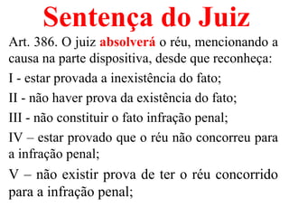 Sentença do Juiz
Art. 386. O juiz absolverá o réu, mencionando a
causa na parte dispositiva, desde que reconheça:
I - estar provada a inexistência do fato;
II - não haver prova da existência do fato;
III - não constituir o fato infração penal;
IV – estar provado que o réu não concorreu para
a infração penal;
V – não existir prova de ter o réu concorrido
para a infração penal;
 