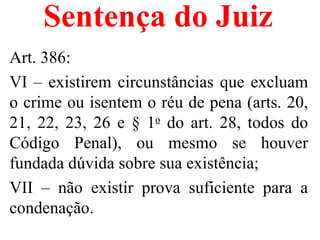 Sentença do Juiz
Art. 386:
VI – existirem circunstâncias que excluam
o crime ou isentem o réu de pena (arts. 20,
21, 22, 23, 26 e § 1o do art. 28, todos do
Código Penal), ou mesmo se houver
fundada dúvida sobre sua existência;
VII – não existir prova suficiente para a
condenação.
 