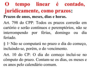 O tempo linear é contado,
juridicamente, como prazos:
Prazos de anos, meses, dias e horas.
Art. 798 do CPP: Todos os prazos correrão em
cartório e serão contínuos e peremptórios, não se
interrompendo por férias, domingo ou dia
feriado.
§ 1o
Não se computará no prazo o dia do começo,
incluindo-se, porém, o do vencimento.
Art. 10 do CP: O dia do começo inclui-se no
cômputo do prazo. Contam-se os dias, os meses e
os anos pelo calendário comum.
 