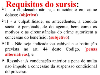 Requisitos do sursis:I  -  o  condenado  não  seja  reincidente  em  crime 
doloso; (objetivo)
II  -  a  culpabilidade,  os  antecedentes,  a  conduta 
social  e  personalidade  do  agente,  bem  como  os 
motivos e as circunstâncias do crime autorizem a 
concessão do benefício; (subjetivo)
III  -  Não  seja  indicada  ou  cabível  a  substituição 
prevista  no  art.  44  deste  Código.  (penas
alternativas); e
 Ressalva: A condenação anterior a pena de multa 
não impede a concessão da suspensão condicional 
do processo. 
 