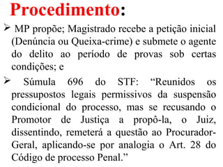 Procedimento:
 MP propõe; Magistrado recebe a petição inicial 
(Denúncia ou Queixa-crime) e submete o agente 
do  delito  ao  período  de  provas  sob  certas 
condições; e
  Súmula  696  do  STF:  “Reunidos  os 
pressupostos  legais  permissivos  da  suspensão 
condicional  do  processo,  mas  se  recusando  o 
Promotor  de  Justiça  a  propô-la,  o  Juiz, 
dissentindo, remeterá a questão ao Procurador-
Geral,  aplicando-se  por  analogia  o  Art.  28  do 
Código de processo Penal.”
 