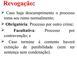 Revogação:
  Caso  haja  descumprimento  o  processo 
toma seu rumo normalmente; 
 Obrigatória: Processo por outro crime;
  Facultativa:  Processo  por 
contravenção; e
  Caso  termine  à  contento  haverá 
extinção  de  punibilidade  (sem  ter 
sentença nem condenação).
 