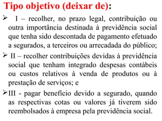  I – recolher, no prazo legal, contribuição ou
outra importância destinada à previdência social
que tenha sido descontada de pagamento efetuado
a segurados, a terceiros ou arrecadada do público;
 II – recolher contribuições devidas à previdência
social que tenham integrado despesas contábeis
ou custos relativos à venda de produtos ou à
prestação de serviços; e
III - pagar benefício devido a segurado, quando
as respectivas cotas ou valores já tiverem sido
reembolsados à empresa pela previdência social.
Tipo objetivo (deixar de):
 
