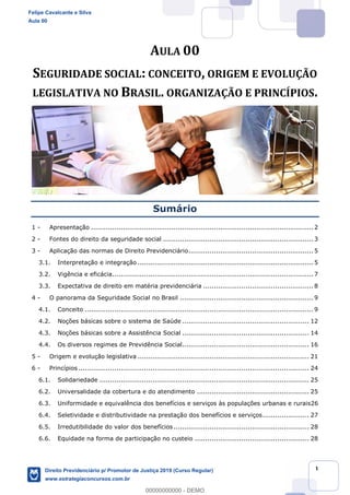 1
AULA 00
SEGURIDADE SOCIAL: CONCEITO, ORIGEM E EVOLUÇÃO
LEGISLATIVA NO BRASIL. ORGANIZAÇÃO E PRINCÍPIOS.
Sumário
1 - Apresentação ......................................................................................................... 2
2 - Fontes do direito da seguridade social ....................................................................... 3
3 - Aplicação das normas de Direito Previdenciário........................................................... 5
3.1. Interpretação e integração ................................................................................... 5
3.2. Vigência e eficácia............................................................................................... 7
3.3. Expectativa de direito em matéria previdenciária .................................................... 8
4 - O panorama da Seguridade Social no Brasil ............................................................... 9
4.1. Conceito ............................................................................................................ 9
4.2. Noções básicas sobre o sistema de Saúde ............................................................ 12
4.3. Noções básicas sobre a Assistência Social ............................................................ 14
4.4. Os diversos regimes de Previdência Social............................................................ 16
5 - Origem e evolução legislativa ................................................................................. 21
6 - Princípios ............................................................................................................. 24
6.1. Solidariedade ................................................................................................... 25
6.2. Universalidade da cobertura e do atendimento ..................................................... 25
6.3. Uniformidade e equivalência dos benefícios e serviços às populações urbanas e rurais26
6.4. Seletividade e distributividade na prestação dos benefícios e serviços...................... 27
6.5. Irredutibilidade do valor dos benefícios ................................................................ 28
6.6. Equidade na forma de participação no custeio ...................................................... 28
Felipe Cavalcante e Silva
Aula 00
Direito Previdenciário p/ Promotor de Justiça 2019 (Curso Regular)
www.estrategiaconcursos.com.br
0
00000000000 - DEMO
 