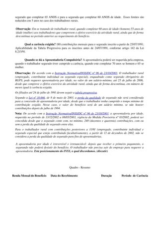 segurado que completar 65 ANOS e para a segurada que completar 60 ANOS de idade.  Esses limites são 
reduzidos em 5 anos no caso dos trabalhadores rurais. 
Observação: Em se tratando de trabalhador rural, quando completar 60 anos de idade (homem) 55 anos de 
idade (mulher) aos trabalhadores que comprovem o efetivo exercício da atividade rural, ainda que de forma 
descontínua no período anterior ao requerimento do benefício.
Qual a carência exigida? 180 contribuições mensais para o segurado inscrito a partir de 25/07/1991; 
Aplicabilidade da Tabela Progressiva para os inscritos antes de 24/07/1991, conforme artigo 142 da Lei 
8.213/91. 
Quando se dá a Aposentadoria Compulsória? A aposentadoria poderá ser requerida pela empresa, 
quando o trabalhador segurado tiver cumprido a carência, quando este completar 70 anos se homem e 65 se 
mulher.
Observação:  De acordo com a Instrução Normativa/INSS/DC nº 96 de 23/10/2003, O trabalhador rural 
(empregado, contribuinte individual ou segurado especial), enquadrado como segurado obrigatório do 
RGPS, pode requerer aposentadoria por idade, no valor de um salário­mínimo, até 25 de julho de 2006, 
desde que comprove o efetivo exercício da atividade rural, ainda que de forma descontínua, em número de  
meses igual à carência exigida.
Os filiados até 24 de julho de 1991 devem seguir a tabela progressiva.
Segundo a Lei nº 10.666, de 8 de maio de 2003, a perda da qualidade de segurado não será considerada 
para a concessão de aposentadoria por idade, desde que o trabalhador tenha cumprido o tempo mínimo de  
contribuição   exigido.   Nesse   caso,   o   valor   do   benefício   será   de   um   salário   mínimo,   se   não   houver 
contribuições depois de julho de 1994.
Nota: De acordo com a Instrução Normativa/INSS/DC nº 96 de 23/10/2003, a aposentadoria por idade, 
requerida no período de 13/12/2002 a 08/05/2003, vigência da Medida Provisória nº 83/2002, poderá ser 
concedida desde que o segurado conte com, no mínimo, 240 (duzentos e quarenta) contribuições, com ou 
sem a perda da qualidade de segurado entre elas.
Para o trabalhador rural com contribuições posteriores a 11/91 (empregado, contribuinte individual e 
segurado especial que esteja contribuindo facultativamente), a partir de 13 de dezembro de 2002, não se 
considera a perda da qualidade de segurado para fins de aposentadorias.
A aposentadoria por idade é irreversível e irrenunciável: depois que receber o primeiro pagamento, o 
segurando não poderá desistir do benefício. O trabalhador não precisa sair do emprego para requerer a 
aposentadoria. Este posicionamento do INSS, o qual discordamos. (discutir)
Quadro ­ Resumo
Renda Mensal do Benefício Data do Recebimento Duração Período  de Carência
 