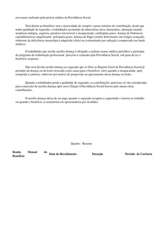 em exame realizado pela perícia médica da Previdência Social. 
Terá direito ao benefício sem a necessidade de cumprir o prazo mínimo de contribuição, desde que 
tenha qualidade de segurado, o trabalhador acometido de tuberculose ativa, hanseníase, alienação mental, 
neoplasia maligna, cegueira, paralisia irreversível e incapacitante, cardiopatia grave, doença de Parkinson, 
espondiloartrose anquilosante, nefropatia grave, doença de Paget (osteíte deformante) em estágio avançado, 
síndrome da deficiência imunológica adquirida (Aids) ou contaminado por radiação (comprovada em laudo 
médico). 
O trabalhador que recebe auxílio­doença é obrigado a realizar exame médico periódico e participar 
do programa de reabilitação profissional  prescrito e custeado pela Previdência Social, sob pena de ter o 
benefício suspenso.
Não será devido auxílio­doença ao segurado que se filiar ao Regime Geral de Previdência Social já 
portador da doença ou da lesão invocada como causa para o benefício, salvo quando a incapacidade, após 
cumprida a carência, sobrevier por motivo de progressão ou agravamento dessa doença ou lesão. 
Quando o trabalhador perde a qualidade de segurado, as contribuições anteriores só são consideradas 
para concessão do auxílio­doença após nova filiação à Previdência Social houver pelo menos doze 
contribuições . 
O auxílio­doença deixa de ser pago quando o segurado recupera a capacidade e retorna ao trabalho 
ou quando o benefício se transforma em aposentadoria por invalidez.
Quadro ­ Resumo
Renda   Mensal   do 
Benefício
Data do Recebimento Duração Período  de Carência
 