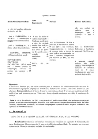 Quadro ­ Resumo
Renda Mensal do Benefício
Data   do 
Recebimento
Duração Período  de Carência
 o valor do benefício não pode 
ser inferior a 1 SM.
  para   a  EMPREGADA  e   a 
AVULSA:     a   remuneração   é 
integral (sem limite máximo)
  para   a  DOMÉSTICA:     é   o 
último salário de contribuição.
  SEGURADA   ESPECIAL: 
1/12 da contribuição anual.
CONTRIBUINTE 
INDIVIDUAL  e 
FACULTATIVA: 1/12 da soma 
dos   12   últimos   salários   de 
contribuição,   tomados   em 
período   não   superior   a   15 
meses.
  A data de início do 
salário­maternidade   é 
fixada de acordo com 
a   data   do   atestado 
médico (que pode ser 
emitido   em   até   29 
dias   antes   do   parto) 
ou  de acordo  com a 
certidão   de 
nascimento   da 
criança. 
TOTAL   DE   120 
DIAS
 será devido durante 120 dias, a 
partir de 28 dias antes do parto e 
91   dias   após   a  sua  ocorrência. 
Excepcionalmente,   os   períodos 
de   repouso   antes   e   depois   do 
parto podem ser aumentados em 
mais   2   semanas,   comprovados 
por   médicos   do   SUS,   ou   pela 
empresa.
não   tem   período   de 
carência   para   a 
Empregada,   para   a 
doméstica   e   para   a 
avulsa..
Para   as   Contribuintes 
Individuais e facultativa, 
a carência é de 10 meses.
a   segurada   especial, 
embora   não   tenha 
carência, deve comprovar 
exercício   de   atividade 
rural   por   10   meses 
imediatamente   anteriores 
ao início do benefício.
 
Importante  
É necessário lembrar que, não  existe carência para a concessão  de salário­maternidade em caso de 
trabalhadoras empregadas, empregadas domésticas e trabalhadoras avulsas. Esta norma permanece sem 
alteração. Data de inícioA data de início do salário­maternidade é fixada de acordo com a data do atestado 
médico (que pode ser emitido em até 29 dias antes do parto) ou de acordo com a certidão de nascimento da 
criança. 
  Nota:  A partir de setembro de 2003, o pagamento do salário­maternidade das gestantes empregadas 
passará a ser feito diretamente pelas empresas, que serão ressarcidas pela Previdência Social. As mães 
adotivas, contribuintes individuais, facultativas e empregadas domésticas terão de pedir o benefício nas 
Agências da Previdência Social.
SALÁRIO FAMÍLIA 
    (art. 65 a 70  da Lei nº 8.213/1991 c/c art. 201, IV, CF/1988 e arts. 81 a 82 do Dec. 3048/1999)
Beneficiários: trata­se de um benefício previdenciário concedido aos segurados de baixa renda, em 
razão do número de filhos menores de 14 anos ou inválidos de qualquer idade.  Os adotados tem o mesmo 
tratamento de filhos e os enteados e tutelados são equiparados.
 