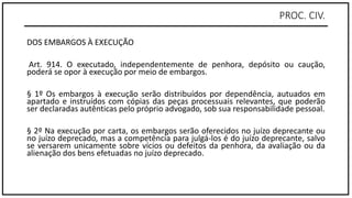 PROC. CIV.
DOS EMBARGOS À EXECUÇÃO
Art. 914. O executado, independentemente de penhora, depósito ou caução,
poderá se opor à execução por meio de embargos.
§ 1º Os embargos à execução serão distribuídos por dependência, autuados em
apartado e instruídos com cópias das peças processuais relevantes, que poderão
ser declaradas autênticas pelo próprio advogado, sob sua responsabilidade pessoal.
§ 2º Na execução por carta, os embargos serão oferecidos no juízo deprecante ou
no juízo deprecado, mas a competência para julgá-los é do juízo deprecante, salvo
se versarem unicamente sobre vícios ou defeitos da penhora, da avaliação ou da
alienação dos bens efetuadas no juízo deprecado.
 