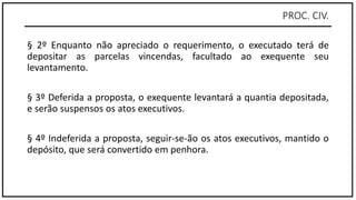 PROC. CIV.
§ 2º Enquanto não apreciado o requerimento, o executado terá de
depositar as parcelas vincendas, facultado ao exequente seu
levantamento.
§ 3º Deferida a proposta, o exequente levantará a quantia depositada,
e serão suspensos os atos executivos.
§ 4º Indeferida a proposta, seguir-se-ão os atos executivos, mantido o
depósito, que será convertido em penhora.
 