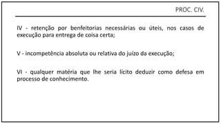 PROC. CIV.
IV - retenção por benfeitorias necessárias ou úteis, nos casos de
execução para entrega de coisa certa;
V - incompetência absoluta ou relativa do juízo da execução;
VI - qualquer matéria que lhe seria lícito deduzir como defesa em
processo de conhecimento.
 