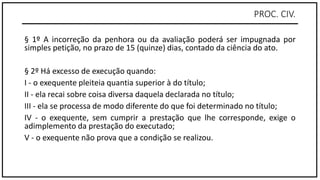 PROC. CIV.
§ 1º A incorreção da penhora ou da avaliação poderá ser impugnada por
simples petição, no prazo de 15 (quinze) dias, contado da ciência do ato.
§ 2º Há excesso de execução quando:
I - o exequente pleiteia quantia superior à do título;
II - ela recai sobre coisa diversa daquela declarada no título;
III - ela se processa de modo diferente do que foi determinado no título;
IV - o exequente, sem cumprir a prestação que lhe corresponde, exige o
adimplemento da prestação do executado;
V - o exequente não prova que a condição se realizou.
 