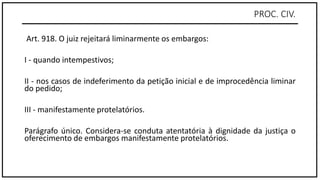 PROC. CIV.
Art. 918. O juiz rejeitará liminarmente os embargos:
I - quando intempestivos;
II - nos casos de indeferimento da petição inicial e de improcedência liminar
do pedido;
III - manifestamente protelatórios.
Parágrafo único. Considera-se conduta atentatória à dignidade da justiça o
oferecimento de embargos manifestamente protelatórios.
 