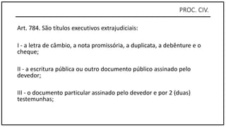 PROC. CIV.
Art. 784. São títulos executivos extrajudiciais:
I - a letra de câmbio, a nota promissória, a duplicata, a debênture e o
cheque;
II - a escritura pública ou outro documento público assinado pelo
devedor;
III - o documento particular assinado pelo devedor e por 2 (duas)
testemunhas;
 