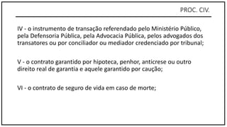 PROC. CIV.
IV - o instrumento de transação referendado pelo Ministério Público,
pela Defensoria Pública, pela Advocacia Pública, pelos advogados dos
transatores ou por conciliador ou mediador credenciado por tribunal;
V - o contrato garantido por hipoteca, penhor, anticrese ou outro
direito real de garantia e aquele garantido por caução;
VI - o contrato de seguro de vida em caso de morte;
 