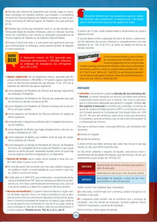 a) Decisão não unânime de julgamento que conciliar, julgar ou homo-
logar conciliação em dissídios coletivos, que excedam a competência
territorial dos Tribunais Regonais do Trabalho e estender ou rever as sen-
tenças normativas do Tribunal Superior do Trabalho, nos casos previstos
em lei;
b) Decisões das Turmas que divergirem entre si, ou das decisões pro-
feridas pela Seção de Dissídios Individuais, salvo se a decisão recorrida
estiver em consonância com súmula ou orientação jurisrpudencial do
Tribunal Superior do Trabalho ou do Supremo Tribunal Federal.
c) O prazo é de 8 (oito) dias, e a outra parte terá igualmente oito dias
para contra-arrazoar os embargos, sendo passível também de depósito
e custas processuais.
~
.
O Regimento Interno do TST, aprovado pela
: Resolução Administrativa 1.295/2008, diferencia
os embargos de divergência dos infringentes
(arts. 231 a 233).
• Agravo regimental: em seu Regimento Interno, aprovado pela Re-
solução Administrativa 1.295/2008, o TST prevê o agravo regimental
como um dos recursos possíveis de suas decisões. O art. 235 traz as
hipóteses de cabimento do agravo regimental
a) contra despacho do Presidente do tribunal que denegar seguimento
aos embargos infringentes;
b) contra despacho do Presidente do Tribunal que suspender execução
de liminares ou decisão concessiva de MS;
c) contra despacho do Presidente do Tribunal concessivo de liminar em
MS ou em ação cautelar;
d) contra despacho do Presidente do Tribunal proferido em pedido de
efeito suspensivo;
e) contra decisões e despachos proferidos pelo Corregedor-Geral da Jus-
tiça do Trabalho;
f) contra despacho do Relator que negar proseguimento a recurso, res-
salvada a hipótese do art. 239;
g) contra despacho do Relator que indeferir inicial de ação de compe-
tência originária do Tribunal;
h) contra despacho ou decisão do Presidente do Tribunal, de Presidente
de Turma, do Corregedor-Geral da Justiça do Trabalho ou que causar
prejuízo ao direito da parte, ressalvados aqueles contra os quais haja
recursos próprios previstos na legislação ou no Regimento.
• Recurso de revisão: pouco usado, ocorre quando a inicial não con-
tém valor dado à causa e o juiz o fixar.
a) Se uma das partes não concordar com este valor, poderá impugná-I o
em audiência. Porém, na eventualidade de o juiz manter o valor fixa-
do, caberá o recurso de revisão.
b) Criado pela Lei 5.584/1970, será endereçado e encaminhado direta-
mente ao Presidente do TRT Deve ser interposto em 48 horas da deci-
são do juiz, com cópia, autenticada pela Secretaria da Junta, da inicial
e da ata de audiência, e deverá ser julgado em 48 horas também.
• Recurso extraordinário: o Supremo Tribunal Federal é o órgão máxi-
mo do Poder Judiciário. Assim, em todas as ocasiões em que as deci-
sões de outros tribunais contrariarem dispositivo constitucional, decla-
rarem a inconstitucionalidade de tratado ou lei federal, julgar válida lei
ou ato de governo local contestado em face da CF ou julgar válida lei
local contestada em face de lei federal, cabe recurso extraordinário. É
a última instância. Previsto no art. 102, 111, a, b e c, da CF.
O prazo é de 15 dias, sendo imprescindível o recolhimento de custas e
depósito recursal.
O recurso deverá conter a exposição do fato e do direito, a demonstra-
ção do cabimento do recurso interposto (= enquadramento numa das
hipóteses do art. 102, III da CF) e as razões do pedido de reforma da
decisão recorrida.
i",,,ort8nt8 O recurso extraordinário, após a Emen-
da Constitucional 45/2004, só será ad-
mitido a julgamento se for comprovada
a repercussão geral daquestão nele discutida, istoé, a relevância
econômica, política, social ou jurídica dessa questão (art. 102,
§ 3.° da CF e art. 543-A, § 1.° do CPC). A verificação da existên-
cia da repercussão geral se dá por meio do procedimento pre-
visto nos arts. 543-A e 543-8 do cpc.
• Conceito: transitada em julgado a decisão do Juiz (sentença de-
finitiva), ou sendo interposto um recurso cujo efeito será somente
o devolutivo (como ocorre com a maioria), tem início a execução,
que é o mecanismo adequado para garantir o julgado. Também es-
tão sujeitos à execução os acordos não cumpridos, os termos de
ajuste de conduta firmados perante o MPT e os termos de concilia-
ção firmados perante as Comissões de Conciliação Prévia (art. 876
da CLT). No caso das sentenças, para iniciar a execução provisória,
é necessária a carta de sentença, que vai até a penhora (quando há
a interposição de recurso)
Para que a sentença enseje a execução definitiva, são necessários dois
elementos:
a) trânsito em julgado;
b) liquidez da sentença.
É preciso então que desta sentença não caiba mais recurso e que seja
líquida, ou seja, que tenha a quantia certa.
Se não estiver presente o requisito da liquidez, será preciso iniciar o
procedimento de liquidação de sentença, que será feita por cálculo, por
arbitramento ou por artigos (art. 879 da CLT).
CÁLCULO
ARBITRAMENTO!
ARTIGOS
Apresentação de cálculo aritmético que justifica o
valor da execução.
Elaboração do cálculo por meio de perito judicial.
Necessidade de alegação e prova de ato novo
para justificar o valor da execução.
Podem ocorrer duas hipóteses após a liquidação:
a) o executado, inconformado com a sentença, poderá impugná-Ia nos
embargos à execução;
b) o exequente pode também não se conformar com a sentença da
liquidação, mas não através de embargos, somente podendo fazê-I o
mediante impugnação a sentença de liquidação.
Desta sentença, caberá agravo de petição
 