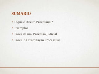 SUMARIO
• O que é Direito Processual?
• Exemplos
• Fases de um Processo Judicial
• Fases da Tramitação Processual
 
