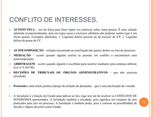 CONFLITO DE INTERESSES.


AUTOTUTELA – uso da força para fazer impor seu interesse sobre outra pessoa. É uma solução
admitida excepcionalmente, pois em regra causa o exercício arbitrário das próprias razões (que é um
ilícito penal). Exemplos admitidos: 1. Legítima defesa pessoal ou de terceiro do CP; 2. Legítima
defesa da posse do CC



AUTOCOMPOSIÇÃO – solução encontrada na conciliação das partes, dentro ou fora do processo;



MEDIAÇÃO – ocorre quando alguém auxilia as pessoas em conflito a encontrarem uma
autocomposição;



ARBITRAGEM – ocorre quando alguém é escolhido para resolver mediante uma sentença arbitral;
(Lei nº 9.307/96)



DECISÕES DE TRIBUNAIS OU ÓRGÃOS ADMINISTRATIVOS – que não exercem
jurisdição.



Pretensão a uma tutela jurídica (desejo de solução da demanda) – que é uma declaração de vontade.



A Jurisdição é a função do Estado para aplicar as leis, logo terá ele de resolver os CONFLITOS DE
INTERESSES apresentados. A Jurisdição também é atividade, pois significa um conjunto de atos
praticados pelo juiz no processo; A Jurisdição é também poder, pois é consiste na possibilidade de
decidir e impors decisões como Estado.

5

 