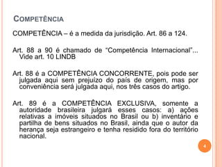 COMPETÊNCIA
COMPETÊNCIA – é a medida da jurisdição. Art. 86 a 124.
Art. 88 a 90 é chamado de “Competência Internacional”...
Vide art. 10 LINDB
Art. 88 é a COMPETÊNCIA CONCORRENTE, pois pode ser
julgada aqui sem prejuízo do país de origem, mas por
conveniência será julgada aqui, nos três casos do artigo.
Art. 89 é a COMPETÊNCIA EXCLUSIVA, somente a
autoridade brasileira julgará esses casos: a) ações
relativas a imóveis situados no Brasil ou b) inventário e
partilha de bens situados no Brasil, ainda que o autor da
herança seja estrangeiro e tenha residido fora do território
nacional.
4

 