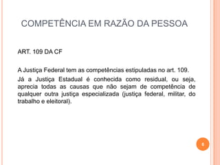COMPETÊNCIA EM RAZÃO DA PESSOA
ART. 109 DA CF

A Justiça Federal tem as competências estipuladas no art. 109.
Já a Justiça Estadual é conhecida como residual, ou seja,
aprecia todas as causas que não sejam de competência de
qualquer outra justiça especializada (justiça federal, militar, do
trabalho e eleitoral).

6

 