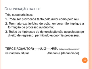 DENUNCIAÇÃO DA LIDE
Três características:
1. Pode ser provocada tanto pelo autor como pelo réu;
2. Tem natureza jurídica de ação, embora não implique a
formação de processo autônomo;
3. Todas as hipóteses de denunciação são associadas ao
direito de regresso, permitindo economia processual.
TERCEIRO(AUTOR)---->JUIZ---->RÉU (Adquirente/denunciante)
verdadeiro titular Alienante (denunciado)
12
 