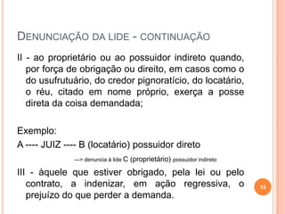 DENUNCIAÇÃO DA LIDE - CONTINUAÇÃO
II - ao proprietário ou ao possuidor indireto quando,
por força de obrigação ou direito, em casos como o
do usufrutuário, do credor pignoratício, do locatário,
o réu, citado em nome próprio, exerça a posse
direta da coisa demandada;
Exemplo:
A ---- JUIZ ---- B (locatário) possuidor direto
---> denuncia à lide C (proprietário) possuidor indireto
III - àquele que estiver obrigado, pela lei ou pelo
contrato, a indenizar, em ação regressiva, o
prejuízo do que perder a demanda.
15
 