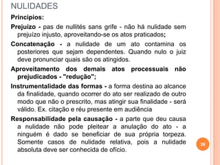 NULIDADES
Principios:
Prejuízo - pas de nullités sans grife - não há nulidade sem
prejuízo injusto, aproveitando-se os atos praticados;
Concatenação - a nulidade de um ato contamina os
posteriores que sejam dependentes. Quando nulo o juiz
deve pronunciar quais são os atingidos.
Aproveitamento dos demais atos processuais não
prejudicados - "redução";
Instrumentalidade das formas - a forma destina ao alcance
da finalidade, quando ocorrer do ato ser realizado de outro
modo que não o prescrito, mas atingir sua finalidade - será
válido. Ex. citação e réu presente em audiência
Responsabilidade pela causação - a parte que deu causa
a nulidade não pode pleitear a anulação do ato - a
ninguém é dado se beneficiar de sua própria torpeza.
Somente casos de nulidade relativa, pois a nulidade
absoluta deve ser conhecida de ofício.
26
 