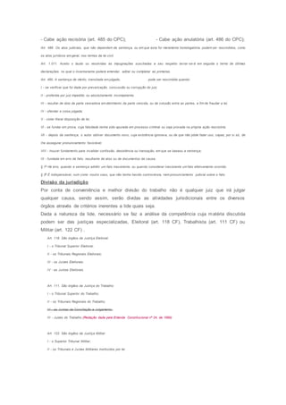 - Cabe ação recisória (art. 485 do CPC); - Cabe ação anulatória (art. 486 do CPC);
Art. 486. Os atos judiciais, que não dependem de sentença, ou em que esta for meramente homologatória, podem ser rescindidos, como
os atos jurídicos em geral, nos termos da lei civil.
Art. 1.011. Aceito o laudo ou resolvidas as impugnações suscitadas a seu respeito lavrar-se-á em seguida o termo de últimas
declarações, no qual o inventariante poderá emendar, aditar ou completar as primeiras.
Art. 485. A sentença de mérito, transitada em julgado, pode ser rescindida quando:
I - se verificar que foi dada por prevaricação, concussão ou corrupção do juiz;
II - proferida por juiz impedido ou absolutamente incompetente;
III - resultar de dolo da parte vencedora em detrimento da parte vencida, ou de colusão entre as partes, a fim de fraudar a lei;
IV - ofender a coisa julgada;
V - violar literal disposição de lei;
Vl - se fundar em prova, cuja falsidade tenha sido apurada em processo criminal ou seja provada na própria ação rescisória;
Vll - depois da sentença, o autor obtiver documento novo, cuja existência ignorava, ou de que não pôde fazer uso, capaz, por si só, de
Ihe assegurar pronunciamento favorável;
VIII - houver fundamento para invalidar confissão, desistência ou transação, em que se baseou a sentença;
IX - fundada em erro de fato, resultante de atos ou de documentos da causa;
§ 1o
Há erro, quando a sentença admitir um fato inexistente, ou quando considerar inexistente um fato efetivamente ocorrido.
§ 2o
É indispensável, num como noutro caso, que não tenha havido controvérsia, nem pronunciamento judicial sobre o fato.
Divisão da jurisdição
Por conta de conveniência e melhor divisão do trabalho não é qualquer juiz que irá julgar
qualquer causa, sendo assim, serão dividas as atividades jurisdicionais entre os diversos
órgãos através de critérios inerentes a lide quais seja.
Dada a natureza da lide, necessário se faz a análise da competência cuja matéria discutida
podem ser das justiças especializadas, Eleitoral (art. 118 CF), Trabalhista (art. 111 CF) ou
Militar (art. 122 CF) .
Art. 118. São órgãos da Justiça Eleitoral:
I - o Tribunal Superior Eleitoral;
II - os Tribunais Regionais Eleitorais;
III - os Juízes Eleitorais;
IV - as Juntas Eleitorais.
Art. 111. São órgãos da Justiça do Trabalho:
I - o Tribunal Superior do Trabalho;
II - os Tribunais Regionais do Trabalho;
III - as Juntas de Conciliação e Julgamento.
III - Juizes do Trabalho.(Redação dada pela Emenda Constitucional nº 24, de 1999)
Art. 122. São órgãos da Justiça Militar:
I - o Superior Tribunal Militar;
II - os Tribunais e Juízes Militares instituídos por lei.
 