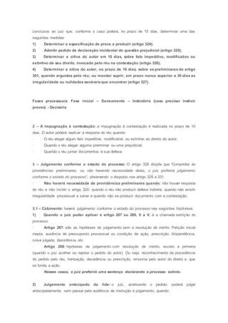 conclusos ao juiz que, conforme o caso poderá, no prazo de 10 dias, determinar uma das
seguintes medidas:
1) Determinar a especificação de prova a produzir (artigo 324);
2) Admitir pedido de declaração incidental de questão prejudicial (artigo 325);
3) Determinar a oitiva do autor em 10 dias, sobre fato impeditivo, modificativo ou
extintivo de seu direito, invocado pelo réu na contestação (artigo 326);
4) Determinar a oitiva do autor, no prazo de 10 dias, sobre as preliminares do artigo
301, quando arguidas pelo réu; ou mandar suprir, em prazo nunca superior a 30 dias as
irregularidade ou nulidades sanáveis que encontrar (artigo 327).
Fases processuais: Fase inicial – Saneamento – Instrutória (caso precisar instruir
provas) - Decisória
2 – A impugnação à contestação: a impugnação à contestação é realizada no prazo de 10
dias. O autor poderá replicar a resposta do réu quando:
· O réu alegar algum fato impeditivo, modificativo ou extintivo ao direito do autor;
· Quando o réu alegar alguma preliminar ou uma prejudicial;
· Quando o réu juntar documentos à sua defesa.
3 – Julgamento conforme o estado do processo: O artigo 328 dispõe que “Cumpridas às
providências preliminares, ou não havendo necessidade delas, o juiz proferirá julgamento
conforme o estado do processo”, observando o disposto nos artigo 329 a 331.
· Não haverá necessidade de providências preliminares quando: não houver resposta
do réu e não incidir o artigo 320; quando o réu não produzir defesa indireta; quando não existir
irregularidade processual a sanar e quando não se produzir documento com a contestação.
3.1 – Cabimento: haverá julgamento conforme o estado do processo nas seguintes hipóteses:
1) Quando o juiz puder aplicar o artigo 267 ou 269, II a V. é a chamada extinção do
processo.
· Artigo 267: são as hipóteses do julgamento sem a resolução de mérito. Petição inicial
inepta, ausência de pressuposto processual ou condição de ação, prescrição, litispendência,
coisa julgada, desistência, etc.
· Artigo 269: hipóteses de julgamento com resolução de mérito, exceto a primeira
(quando o juiz acolher ou rejeitar o pedido do autor). Ou seja, reconhecimento da procedência
do pedido pelo réu, transação, decadência ou prescrição, renuncia pelo autor do direito e, que
se funda a ação.
· Nesses casos, o juiz preferirá uma sentença declarando o processo extinto.
2) Julgamento antecipado da lide: o juiz, analisando o pedido, poderá julgar
antecipadamente, sem passar pela audiência de instrução e julgamento, quando:
 
