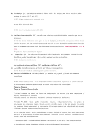 a) Sentença: (§1°): decisão que resolve o mérito (CPC, art. 269) ou põe fim ao processo, sem
análise do mérito (CPC, art .267)
Art. 267. Extingue-se o processo, sem resolução de mérito:
Art. 269. Haverá resolução de mérito:
Art. 513. Da sentença caberá apelação (arts. 267 e 269).
b) Decisão interlocutória: (§2°): decisão que soluciona questão incidente, mas não põe fim ao
processo;.
Art. 522. Das decisões interlocutórias caberá agravo, no prazo de 10 (dez) dias, na forma retida, salvo quando se tratar de decisão
suscetível de causar à parte lesão grave e de difícil reparação, bem como nos casos de inadmissão da apelação e nos relativos aos
efeitos em que a apelação é recebida, quando será admitida a sua interposição por instrumento. (Redação dada pela Lei nº 11.187, de
2005)
Parágrafo único. O agravo retido independe de preparo
c) Despacho: (§3°): decisão que simplesmente dá andandmento ao processo, sem ser dotada
de efetivo caráter decisório por não resolver qualquer pornto contovertido.
Art. 504. Dos despachos não cabe recurso.
No âmbito do tribunais (TJ ou TRF) ou Ministro (STJ ou STF):
d) Acórdão: decisão colegiada, proferida por três ou mais julgadores
Art. 163. Recebe a denominação de acórdão o julgamento proferido pelos tribunais.
e) Decisão monocrática: decisão proferida por apenas um julgador, possível em hipóteses
específicas
Art. 557. O relator negará seguimento a recurso manifestamente inadmissível, improcedente, prejudicado ou em confronto com súmula
ou com jurisprudência dominante do respectivo tribunal, do Supremo Tribunal Federal, ou de Tribunal Superior.
Recurso Adesivo
Recurso AdesivoSubordinado
Conceito: Trata-se de forma de forma de interposição de recurso que visa condicionar o
recurso secundário ao principal.
Recurso adesivo não é recurso, mas sim a forma de interposição de recurso.
Previsão: Art. 500 - Cada parte interporá o recurso, independentemente, no prazo e
observadas as exigências legais. Sendo, porém, vencidos autor e réu, ao recurso interposto
por qualquer deles poderáaderir a outra parte. O recurso adesivo fica subordinado ao recurso
principal e se rege pelas disposições seguintes:
Art. 500. Cada parte interporá o recurso, independentemente, no prazo e observadas as exigências legais. Sendo, porém, vencidos
autor e réu, ao recurso interposto por qualquer deles poderá aderir a outra parte. O recurso adesivo fica subordinado ao recurso
principal e se rege pelas disposições seguintes:
I - será interposto perante a autoridade competente para admitir o recurso principal, no prazo de que a parte dispõe para responder;
II - será admissível na apelação, nos embargos infringentes, no recurso extraordinário e no recurso especial;
 