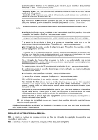 c) a nomeação de defensor ao réu presente, que o não tiver, ou ao ausente, e de curador ao
menor de 21 anos – acarreta a nulidade absoluta.
----------------------------------------------------------------------------------------------------------------------------
- Súmula 352 do STF: “não é nulo o processo penal por falta de nomeação de curador ao réu menor que teve
assistência de defensor dativo”.
- Súmula 523 do STF: “no processo penal, a falta de defensor constitui nulidade absoluta, mas a sua deficiência só
o anulará se houver prova de prejuízo para o réu”.
----------------------------------------------------------------------------------------------------------------------------
d) a intervenção do MP em todos os termos da ação por ele intentada e nos da intentada
pela parte ofendida, quando se tratar de crime de ação pública – acarreta a nulidade relativa.
----------------------------------------------------------------------------------------------------------------------------
- recusando o promotor de justiça a intervir no feito, os autos devem ser encaminhados ao Procurador-Geral da
Justiça.
----------------------------------------------------------------------------------------------------------------------------
e) a citação do réu para ver-se processar, o seu interrogatório, quando presente, e os prazos
concedidos à acusação e à defesa – acarreta a nulidade absoluta.
----------------------------------------------------------------------------------------------------------------------------
- o comparecimento espontâneo do acusado a juízo substitui o ato citatório, de modo que não haverá invalidação.
----------------------------------------------------------------------------------------------------------------------------
f) a sentença de pronúncia, o libelo e a entrega da respectiva cópia, com o rol de
testemunhas, nos processos perante o Tribunal do Júri – acarreta a nulidade absoluta.
g) a intimação do réu para a sessão de julgamento, pelo Tribunal do Júri, quando a lei não
permitir o julgamento à revelia.
----------------------------------------------------------------------------------------------------------------------------
- o julgamento pelo júri só poderá ser realizado sem a presença física do acusado na hipótese de crime afiançável e
desde que o réu tenha sido intimado da data do julgamento; em se tratando de crime inafiançável, não haverá
julgamento sem a sua presença; a falta de intimação sempre implicará nulidade absoluta.
----------------------------------------------------------------------------------------------------------------------------
h) a intimação das testemunhas arroladas no libelo e na contrariedade, nos termos
estabelecidos pela lei – constitui nulidade relativa, que deve ser argüida logo após anunciado o julgamento e
apregoadas as partes, sob pena de preclusão.
i) a presença pelo menos de 15 jurados para a constituição do júri – acarreta a nulidade absoluta.
j) o sorteio dos jurados do conselho de sentença em número legal e sua incomunicabilidade
– acarreta a nulidade absoluta.
k) os quesitos e as respectivas respostas – acarreta a nulidade absoluta.
l) a acusação e a defesa, na sessão de julgamento – acarreta a nulidade absoluta.
m) a sentença (ou qualquer de seus requisitos essenciais) – acarreta a nulidade absoluta.
n) o recurso de oficio (deveria chamar-se “revisão obrigatória”, já que o juiz não detém capacidade
postulatória, ou seja, não pode recorrer), nos casos em que a lei o tenha estabelecido – a ausência de
remessa à instância superior não acarreta qualquer nulidade, apenas impede que a decisão transite em julgado
(Súmula 423 do STF).
o) a intimação, nas condições estabelecidas pela lei, para ciência de sentenças e despachos
de que caiba recurso – causa prejuízo às partes, que ficam privadas do direito de recorrer; não haverá
nulidade da sentença ou decisão, mas, tão-somente, dos atos que dela decorrem, sendo esta absoluta.
p) nos Tribunais, o quorum legal para o julgamento (número mínimo de juízes, desembargadores ou
ministros) – acarreta a nulidade absoluta.
IV - por omissão de formalidade (correto seria “requisito”) que constitua elemento essencial (deveria
suprimir a expressão “essencial”).
§ único - Ocorrerá ainda a nulidade, por deficiência dos quesitos ou das suas respostas, e contradição
entre estas – acarreta a nulidade absoluta.
-----------------------------------------------------------------------------------------------------------------------------------------------------
SÚMULAS DO SUPREMO TRIBUNAL FEDERAL:
155 – é relativa a nulidade do processo criminal por falta de intimação da expedição de precatória para
inquirição de testemunha.
156 – é absoluta a nulidade do julgamento, pelo júri, por falta de quesito obrigatório.
 
