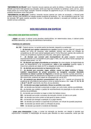 “REFORMATIO IN PEJUS” (pior): havendo recurso apenas por parte da defesa, o tribunal não pode proferir
decisão que torne mais gravosa sua situação, ainda que haja erro evidente na sentença, como, por ex., pena
fixada abaixo do mínimo legal; exceção: havendo anulação de julgamento do júri, no novo plenário os jurados
poderão reconhecer crime mais grave.
“REFORMATIO IN MELLIUS” (melhor): havendo recurso apenas por parte da acusação, o tribunal pode
proferir decisão mais benéfica em relação àquela constante da sentença – ex.: réu condenado à pena de 1 ano
de reclusão; MP apela visando aumentar a pena; o tribunal pode absolver o acusado por entender que não
existem provas suficientes.
DOS RECURSOS EM ESPÉCIE
- RECURSO EM SENTIDO ESTRITO
- objeto: em regra, é cabível contra decisões interlocutórias; em determinados casos, é cabível contra
decisões definitivas, com força de definitivas e terminativas.
- hipóteses de cabimento:
------------------------------------------------------------------------------------------------------------------------------------
Art. 581 - Caberá recurso, no sentido estrito (da decisão, despacho ou sentença):
I – da decisão que rejeitar a denúncia ou a queixa (quando recebe, cabe HC; quando não
receber em crime de imprensa, cabe apelação; quando não recebe em infração de
competência do JEC será cabível apelação para a Turma Recursal; quando não recebe em
crimes de competência originária dos tribunais, cabe agravo regimental).
II – da decisão que concluir pela incompetência do juízo (julgador reconhece
espontaneamente sua incompetência para julgar o feito, sem que tenha havido oposição de
exceção pelas partes - inc. III);
III – da decisão que julgar procedentes as exceções (de coisa julgada, de ilegitimidade de
parte, de litispendência e de incompetência), salvo a de suspeição (quando rejeita, é
irrecorrível, podendo ser objeto de HC ou alegada em preliminar de apelação);
IV – da decisão que pronunciar ou impronunciar o réu;
V – da decisão que conceder, negar, arbitrar, cassar ou julgar inidônea a fiança,
indeferir requerimento de prisão preventiva ou revogá-la, conceder liberdade
provisória ou relaxar a prisão em flagrante (a decisão que decreta a prisão preventiva, a
que indefere pedido de relaxamento do flagrante e a que não concede a liberdade provisória,
são irrecorríveis, podendo ser objeto de impugnação por via do HC);
VI – da sentença que absolver sumariamente o réu (art. 411 - quando se convencer da
existência de circunstância que exclua o crime ou isente de pena o réu - arts. 17, 18, 19, 22
e 24, § 1º, do CP; recorrendo, de ofício, da sua decisão);
VII – da decisão que julgar quebrada a fiança ou perdido o seu valor;
VIII – da decisão que decretar a prescrição ou julgar, por outro modo, extinta a punibilidade;
IX – da decisão que indeferir o pedido de reconhecimento da prescrição ou de outra causa
extintiva da punibilidade;
X – da decisão que conceder ou negar a ordem de habeas corpus;
XIII – da decisão que anular o processo da instrução criminal, no todo ou em parte;
XIV – da decisão que incluir jurado na lista geral ou desta o excluir;
XV – da decisão que denegar a apelação ou a julgar deserta;
XVI – da decisão que ordenar a suspensão do processo, em virtude de questão prejudicial;
XVII – da decisão que decidir sobre a unificação de penas;
XVIII – da decisão que decidir o incidente de falsidade;
------------------------------------------------------------------------------------------------------------------------------------
- prazo para interposição: 5 dias, a contar da intimação da decisão; em relação à decisão que
impronuncia o acusado, a interposição de recurso pelo ofendido ou seus sucessores, ainda que não
 