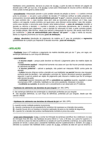 habilitados como assistentes, dar-se-á no prazo de 15 dias, a partir da data do trânsito em julgado da
decisão para o MP; por sua vez, é de 20 dias o prazo para interposição do recurso contra a decisão que
incluir jurado na lista geral ou desta excluir.
- procedimento: interposição perante o juízo prolator através de petição ou termo → o cartório criminal
junta no processo → vai para o juízo prolator da decisão (1ª instância) verificar se estão presentes os
pressupostos recursais (juízo de admissibilidade pelo juiz “a quo”), estando presentes deverá recebê-
lo, caso contrário não → caso receber, deve abrir vista ao recorrente para oferecer, em 2 dias, suas
razões e, em seguida, à parte contrária, por igual prazo, para oferecer contra-razões / caso não receber,
contra essa decisão o recorrente pode interpor carta testemunhável → juízo de retratação (mantêm a
decisão ou reforma a decisão) → mantida a decisão ou reformada parcialmente, ele é remetido ao
Tribunal competente para julgamento / caso a decisão for reformada no total, a parte contrária poderá,
por simples petição, dela recorrer, desde que cabível a interposição do recurso, não sendo mais lícito ao
juiz modificá-la → juízo de admissibilidade pelo tribunal “ad quem” → julga o mérito do recurso,
dando ou negando provimento ao recurso (juízo de delibação).
- efeitos: devolutivo (devolução do julgamento da matéria ao 2° grau de jurisdição) e regressivo
(possibilidade de o próprio juiz reapreciar a decisão recorrida - juízo de retratação).
- APELAÇÃO
- finalidade: levar à 2ª instância o julgamento da matéria decidida pelo juiz de 1° grau, em regra, em
sentenças definitivas ou com força de definitivas.
- características:
- é recurso amplo – porque pode devolver ao tribunal o julgamento pleno da matéria objeto da
decisão;
- é instrumento residual – interponível somente nos casos em que não houver previsão expressa
de cabimento de RESE.
- é recurso preferível – cabível a apelação, não poderá ser interposto RESE contra parte da
decisão;
- é plena (recurso dirigi-se contra a decisão em sua totalidade) ou parcial (recurso visa impugnar
somente parte da decisão) – tem aplicação o princípio do “tantum devolutum quantum appellatum”,
segundo o qual só poderá ser objeto de julgamento pelo tribunal a matéria que lhe foi entregue
pelo recurso da parte;
- é principal (quando interposta pelo MP) e subsidiária ou supletiva (quando, esgotado o prazo
recursal para o MP, o ofendido, habilitado ou não como assistente, interpuser o recurso);
- é ordinária ou sumária, de acordo com o procedimento a ser observado em 2ª instância.
- hipóteses de cabimento nas decisões do juiz singular (art. 593, CPP):
---------------------------------------------------------------------------------------------------------------------------------------------
I - das sentenças definitivas de condenação ou absolvição proferidas por juiz singular;
II - das decisões definitivas, ou com força de definitivas, proferidas por juiz singular, desde que não
cabível o RESE.
---------------------------------------------------------------------------------------------------------------------------------------------
- hipóteses de cabimento nas decisões do tribunal do júri (art. 593, CPP):
---------------------------------------------------------------------------------------------------------------------------------------------
I – quando ocorrer nulidade posterior à pronúncia;
II – quando a sentença do juiz-presidente for contrária à lei expressa ou à decisão dos jurados;
III – quando houver erro ou injustiça no tocante à aplicação da pena ou da medida de segurança;
IV – quando for a decisão dos jurados manifestamente contrária à prova dos autos.
---------------------------------------------------------------------------------------------------------------------------------------------
- prazo para interposição: 5 dias, a contar da intimação da sentença (cientificar réu e defensor); no caso
de intimação ficta (60 dias, nas hipóteses de pena inferior a 1 ano, e 90 dias, se a pena for superior a 1
ano); conta-se o prazo da data da audiência ou sessão em que foi proferida a sentença, se a parte esteve
presente em tal ato; o prazo para o assistente habilitado recorrer supletivamente é, também, de 5 dias; o
ofendido ou sucessor não habilitado terão o prazo de 15 dias, contados da data em que se encerrou o
 