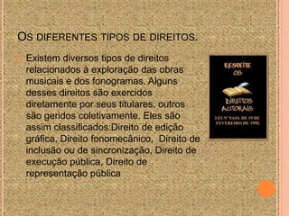 OS DIFERENTES TIPOS DE DIREITOS.


Existem diversos tipos de direitos
relacionados à exploração das obras
musicais e dos fonogramas. Alguns
desses direitos são exercidos
diretamente por seus titulares, outros
são geridos coletivamente. Eles são
assim classificados:Direito de edição
gráfica, Direito fonomecânico, Direito de
inclusão ou de sincronização, Direito de
execução pública, Direito de
representação pública

 