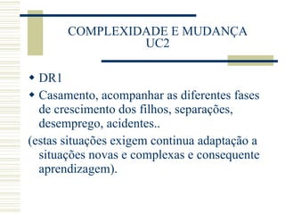 COMPLEXIDADE E MUDANÇA UC2 DR1 Casamento, acompanhar as diferentes fases de crescimento dos filhos, separações, desemprego, acidentes.. (estas situações exigem continua adaptação a situações novas e complexas e consequente aprendizagem). 