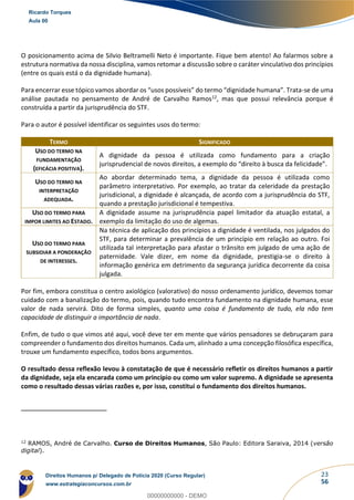 23
56
O posicionamento acima de Silvio Beltramelli Neto é importante. Fique bem atento! Ao falarmos sobre a
estrutura normativa da nossa disciplina, vamos retomar a discussão sobre o caráter vinculativo dos princípios
(entre os quais está o da dignidade humana).
Para encerrar esse tópico vamos abordar os “usos possíveis” do termo “dignidade humana”. Trata-se de uma
análise pautada no pensamento de André de Carvalho Ramos12, mas que possui relevância porque é
construída a partir da jurisprudência do STF.
Para o autor é possível identificar os seguintes usos do termo:
TERMO SIGNIFICADO
USO DO TERMO NA
FUNDAMENTAÇÃO
(EFICÁCIA POSITIVA).
A dignidade da pessoa é utilizada como fundamento para a criação
jurisprudencial de novos direitos, a exemplo do “direito à busca da felicidade”.
USO DO TERMO NA
INTERPRETAÇÃO
ADEQUADA.
Ao abordar determinado tema, a dignidade da pessoa é utilizada como
parâmetro interpretativo. Por exemplo, ao tratar da celeridade da prestação
jurisdicional, a dignidade é alcançada, de acordo com a jurisprudência do STF,
quando a prestação jurisdicional é tempestiva.
USO DO TERMO PARA
IMPOR LIMITES AO ESTADO.
A dignidade assume na jurisprudência papel limitador da atuação estatal, a
exemplo da limitação do uso de algemas.
USO DO TERMO PARA
SUBSIDIAR A PONDERAÇÃO
DE INTERESSES.
Na técnica de aplicação dos princípios a dignidade é ventilada, nos julgados do
STF, para determinar a prevalência de um princípio em relação ao outro. Foi
utilizada tal interpretação para afastar o trânsito em julgado de uma ação de
paternidade. Vale dizer, em nome da dignidade, prestigia-se o direito à
informação genérica em detrimento da segurança jurídica decorrente da coisa
julgada.
Por fim, embora constitua o centro axiológico (valorativo) do nosso ordenamento jurídico, devemos tomar
cuidado com a banalização do termo, pois, quando tudo encontra fundamento na dignidade humana, esse
valor de nada servirá. Dito de forma simples, quanto uma coisa é fundamento de tudo, ela não tem
capacidade de distinguir a importância de nada.
Enfim, de tudo o que vimos até aqui, você deve ter em mente que vários pensadores se debruçaram para
compreender o fundamento dos direitos humanos. Cada um, alinhado a uma concepção filosófica específica,
trouxe um fundamento específico, todos bons argumentos.
O resultado dessa reflexão levou à constatação de que é necessário refletir os direitos humanos a partir
da dignidade, seja ela encarada como um princípio ou como um valor supremo. A dignidade se apresenta
como o resultado dessas várias razões e, por isso, constitui o fundamento dos direitos humanos.
12
RAMOS, André de Carvalho. Curso de Direitos Humanos, São Paulo: Editora Saraiva, 2014 (versão
digital).
Ricardo Torques
Aula 00
Direitos Humanos p/ Delegado de Polícia 2020 (Curso Regular)
www.estrategiaconcursos.com.br
0
00000000000 - DEMO
 