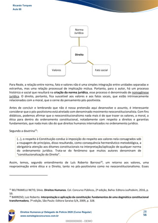 28
56
Para Reale, a relação entre norma, fato e valores não é uma simples integração entre unidades separadas e
estranhas, mas uma relação processual de implicação mútua. Portanto, para o autor, há um processo
histórico e social que resultará na criação da norma jurídica, esse processo é denominado de nomogênese
jurídica. O direito, portanto, fica suscetível aos valores e aos fatos socais, que estão intrinsecamente
relacionados com a moral, que o cerne do pensamento pós-positivista.
Antes de concluir e lembrando que não é nossa pretensão aqui desenvolve o assunto, é interessante
considerar que o pós-positivismo está atrelado com denominado movimento neoconstitucionalista. Com fins
didáticos, podemos afirmar que o neoconstitucionalismo nada mais é do que trazer os valores, a moral, a
ética para dentro do ordenamento constitucional, notadamente com respeito a direitos e garantias
fundamentais, que nada mais são do que direitos humanos internalizados no ordenamento jurídico.
Segundo a doutrina15:
(...), o respeito à Constituição conduz à imposição do respeito aos valores nela consagrados sob
a roupagem de princípios, disso resultando, como consequência hermenêutico-metodológica, a
obrigatória atenção aos ditames constitucionais na interpretação/aplicação de qualquer norma
do ordenamento jurídico. Trata-se do fenômeno que muitos autores denominam de
“constitucionalização do Direito”.
Assim, temos, segundo entendimento de Luís Roberto Barroso16, um retorno aos valores, uma
reaproximação entre ética e o Direito, tanto no pós-positivismo como no neoconstitucionalismo. Esses
15
BELTRAMELLI NETO, Silvio. Direitos Humanos. Col. Concurso Públicos, 2ª edição, Bahia: Editora JusPodvim, 2016, p.
59.
16
BARROSO, Luiz Roberto. Interpretação e aplicação da constituição: fundamentos de uma dogmática constitucional
transformadora, 7ª edição, São Paulo: Editora Saraiva S/A, 2009, p. 328.
Direito
Norma
Jurídica
Fato socialValores
Ricardo Torques
Aula 00
Direitos Humanos p/ Delegado de Polícia 2020 (Curso Regular)
www.estrategiaconcursos.com.br
0
00000000000 - DEMO
 