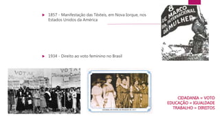  1857 - Manifestação das Têxteis, em Nova Iorque, nos
Estados Unidos da América
 1934 - Direito ao voto feminino no Brasil
CIDADANIA = VOTO
EDUCAÇÃO = IGUALDADE
TRABALHO = DIREITOS
 