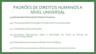 PADRÕES DE DIREITOS HUMANOSA
NÍVEL UNIVERSAL
1948 Declaração Universal dos Direitos Humanos.
1948 Convenção para a Prevenção e Punição do Crime de Genocídio.
a Eliminação de Todas as Formas de
1949 Convenção contra o Genocídio.
1965 Convenção Internacional sobre
Discriminação Racial.
1966 Pacto Internacional sobre os Direitos Civis e Políticos.
1966 Pacto Internacional sobre os Direitos Económicos, Sociais e Culturais.
 